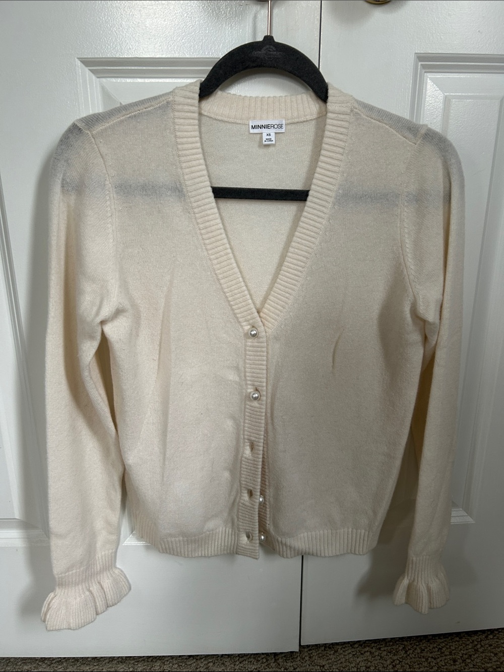 Minnie Rose Cream V-Neck Pearl-Button Cardigan